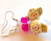 Sugar Skull Earrings Cherry Blossom Pink Skull Drop Earrings