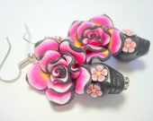 Sugar Skull Earrings Black, Pink, and Yellow Day of the Dead Roses and Sugar Skulls