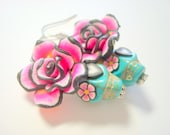 Sugar Skull Earrings Pink Roses, Black Heart and Flower Eyes Turquoise Day of the Dead Jewelry