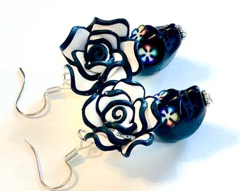 Sugar Skull Earrings Black White Rose Day of the Dead Earrings