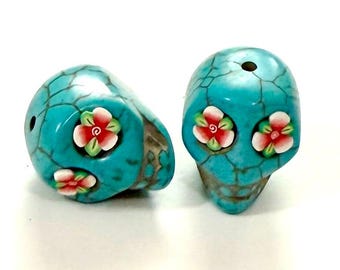 Turquoise Howlite 18 mm Sugar Skull Beads with Red Flower Eyes