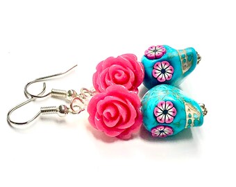 Handmade Sugar Skull Earrings: Turquoise, Pink Roses, Day of the Dead Jewelry