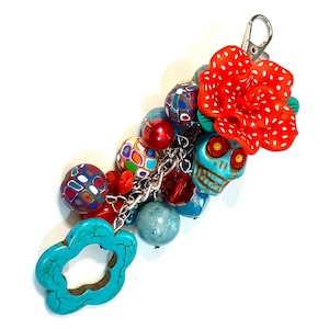 Handmade Beaded Purse Charm - Turquoise Red Quirky Sugar Skull Keyring