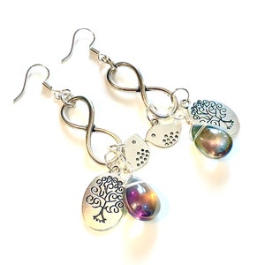 Tree of Life Dangle Earrings: Silver Bird Teardrop Charms