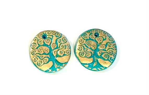 Tree of Life Polymer Clay Beads Handmade Artisan Turquoise Bronze Spiral Tree Jewelry Components