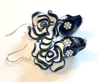 Sugar Skull Earrings Black and White Rose Day of the Dead Jewelry Gift