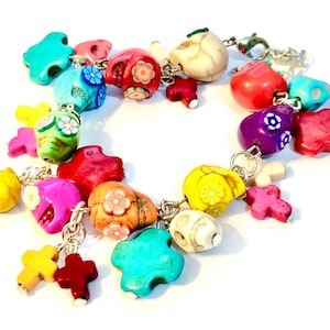 Handmade Sugar Skull Jewelry - Rainbow Bracelet for Day of the Dead - Artisan Gift Idea