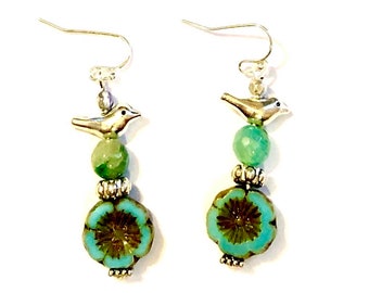 Turquoise Flower Bird Earrings Czech Glass Beaded Earrings