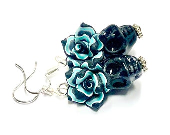 Sugar Skull Earrings Black Day of the Dead Rose Sugar Skull Jewelry Gift