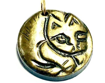 Curled Up Cat Handmade Polymer Clay Pendant Black Gold Cat Bead