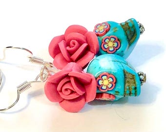 Sugar Skull Earrings Turquoise Red Day of the Dead Jewelry Gift