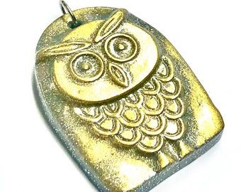 Gold Silver Owl Pendant Handmade Polymer Clay Artisan Owl Charm Focal Bead