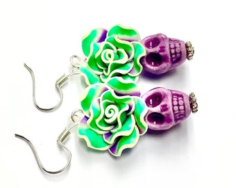 Sugar Skull Earrings Lavender Green Day of the Dead Rose Sugar Skull Jewelry Gift