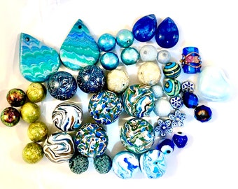 Jewelry Supply Destash Beads Handmade Polymer Clay Beads Mixed Lot Assorted Blue Boho Jewelry Components