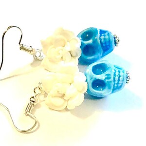 Sugar Skull Earrings Baby Blue White Day of the Dead Rose Ceramic Sugar Skull Jewelry Gift