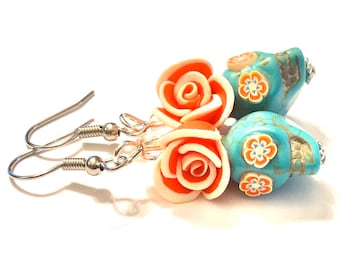 Sugar Skull Earrings Turquoise Red White Rose Day of the Dead Jewelry