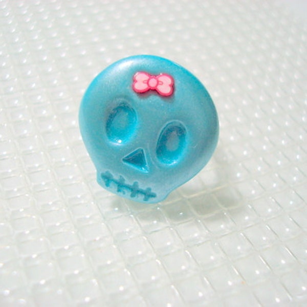Turquoise Skull with Pink Bow Handmade Polymer Clay Ring
