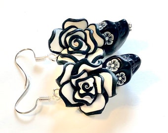 Sugar Skull Earrings Black White Roses Floral Day of the Dead Jewelry Gift For Her