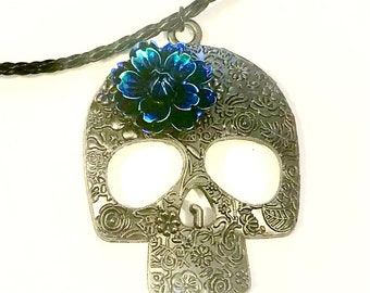 Gigantic Sugar Skull Pendant Necklace Day of the Dead Dark Dahlia Braided Leather Cord Necklace