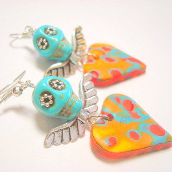 Turquoise Sugar Skull Flower Eyes Angel Wings Hearts Earrings