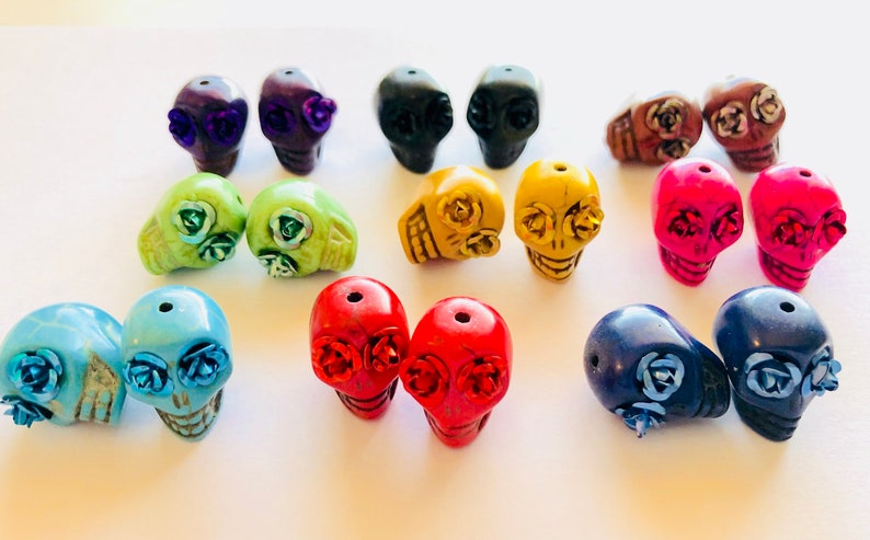 Sugar Skull Beads-Collection of 9 Pairs Rainbow Rose Day of the Dead Skull Beads 18 mm image 3