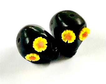 Sugar Skull Beads Black Yellow Flower Eyes Day of the Dead Skull Beads Limited Edition Beads