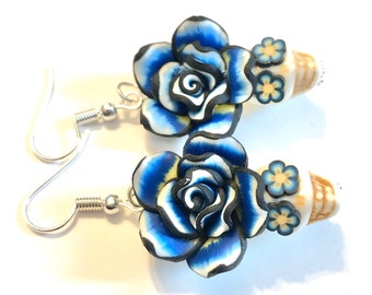 Sugar Skull Earrings Blue Black White Day of the Dead Rose Sugar Skull Jewelry