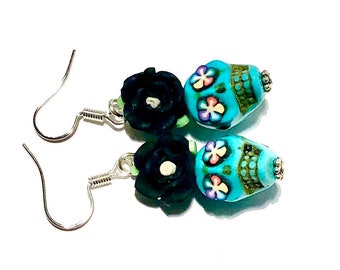 Turquoise Sugar Skull Earrings, Day of the Dead Jewelry