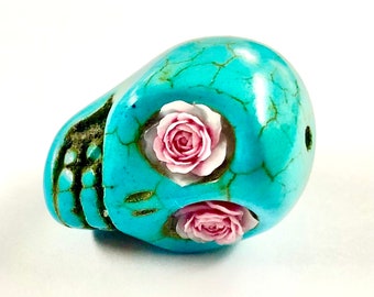 Sugar Skull Bead Big Turquoise Rose Day of the Dead Jewelry Component