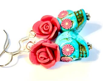 Sugar Skull Earrings Turquoise Red Day of the Dead Halloween Jewelry Gift for Her