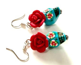 Turquoise Sugar Skull Earrings: Day of the Dead Red Rose Earrings