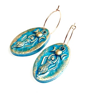 Goddess Earrings Moon Phase Goddess Turquoise Bronze Handmade Lightweight Statement Earrings