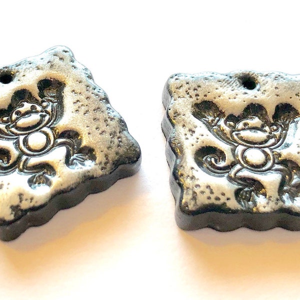 Dancing Monkey Beads Black Silver Handmade Polymer Clay Happy Monkey Beads