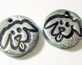 Puppy Dog Beads Handmade Black Silver Polymer Clay Focal Beads