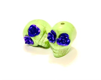 Sugar Skull Beads Day of the Dead Green Purple Rose Skull Jewelry Components