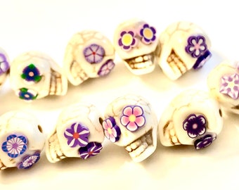Sugar Skull Beads with Purple Flower Eyes (10 pc)