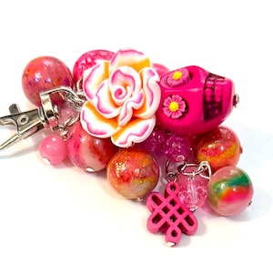 Handmade Beaded Purse Charm - Bubblegum Pink Sugar Skull Keyring