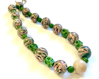 Sugar Skull Necklace Pink Green Big Beaded Day of the Dead Skull Choker Adjustable Necklace