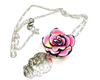 Silver Sugar Skull Pendant Necklace with Pink Rose - Day of the Dead Jewelry
