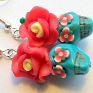 Sugar Skull Earrings Turquoise and Red Day of the Dead Roses