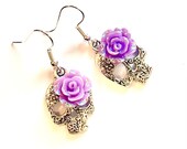 Silver Sugar Skull Earrings Purple Rose Day of the Dead Jewelry Gift