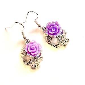 Silver Sugar Skull Earrings Purple Rose Day of the Dead Jewelry Gift