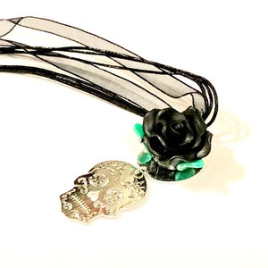 Silver Sugar Skull Pendant Necklace Day of the Dead Black Rose Sugar Skull Jewelry Gift
