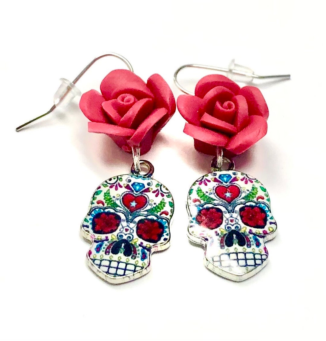 Sugar Skull Earrings Red Rose Day of the Dead Sugar Skull Gift Etsy
