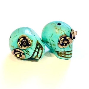Sugar Skull Beads Turquoise 18mm Skull Beads Bronze Metallic Rose Eyes image 2