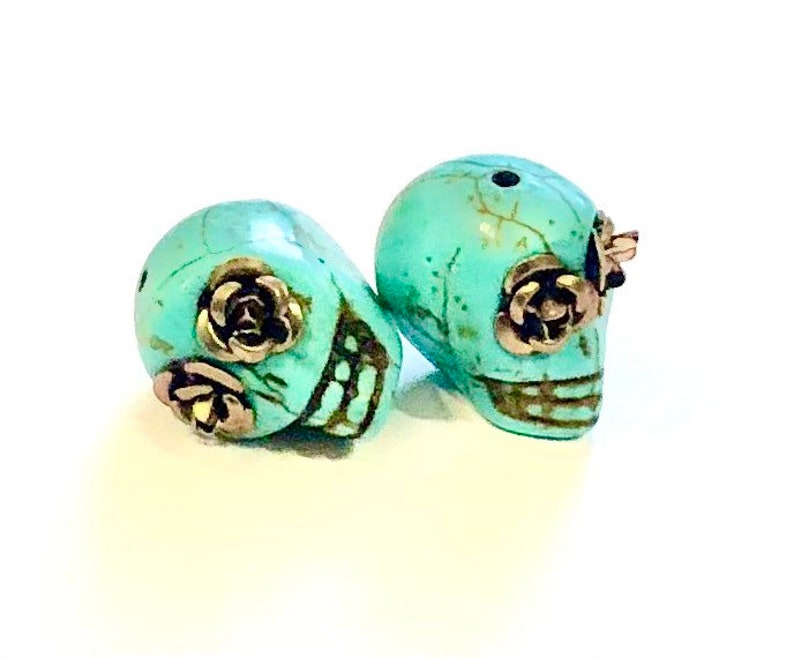 Sugar Skull Beads Turquoise 18mm Skull Beads Bronze Metallic Rose Eyes image 2