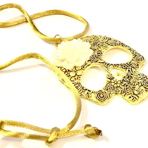 Gigantic Antique Gold Sugar Skull Pendant Necklace Day of the Dead Cream Dahlia Adjustable Cord Necklace