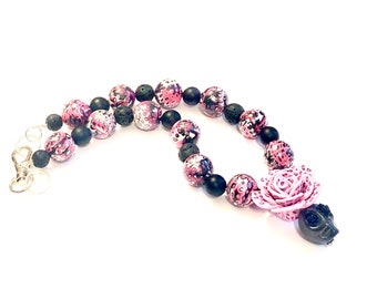 Sugar Skull Choker, Pink Rose, Day of the Dead Necklace