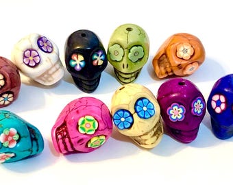Rainbow Variety of  20mm Howlite Sugar Skull Beads with Flower Eyes