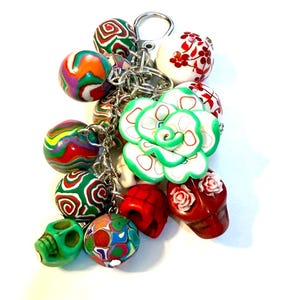 Handmade Beaded Purse Charm - Red Rainbow Sugar Skull Keyring